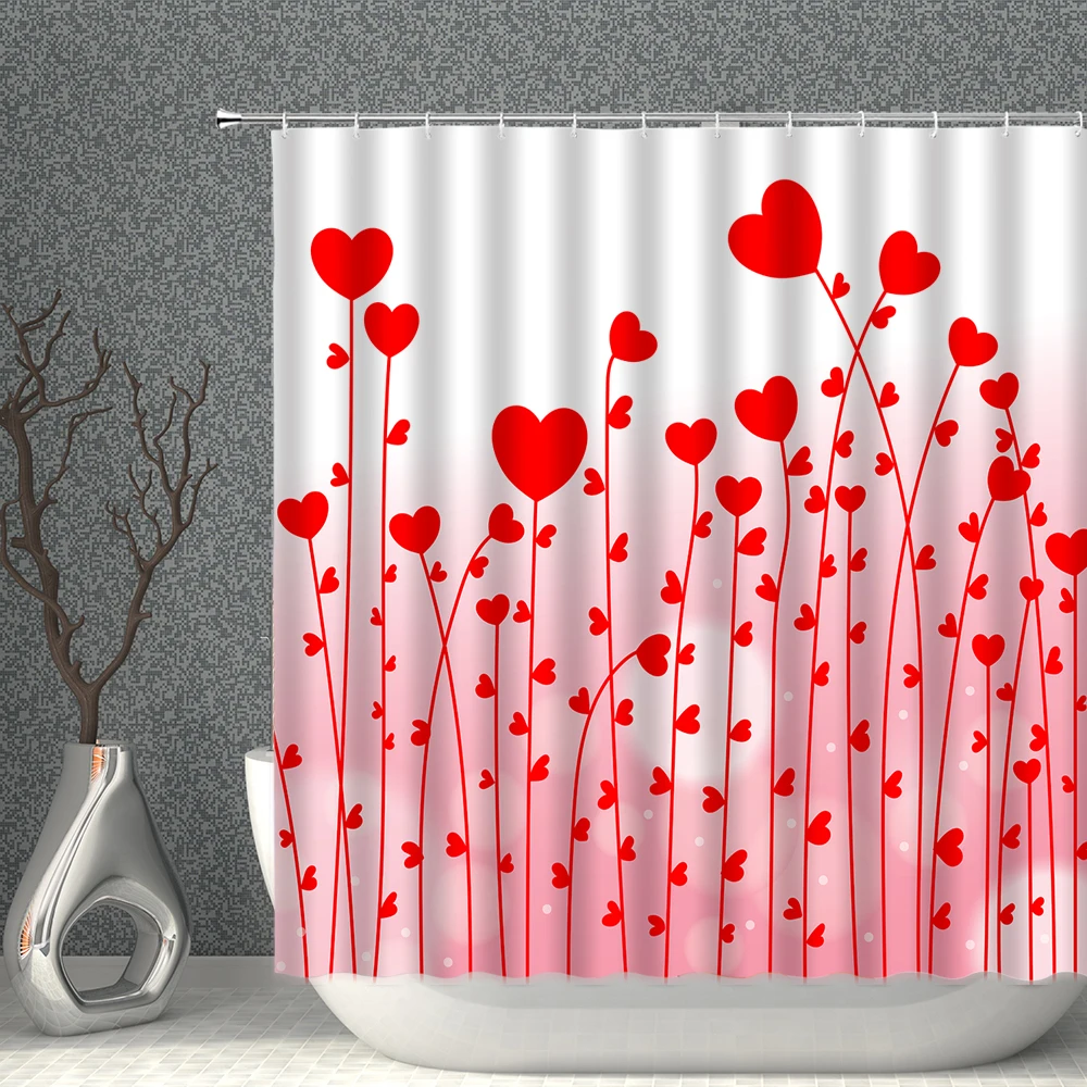 

Занавеска для душа в форме сердца, индивидуальная Водонепроницаемая из полиэстера, с крючками, декор для экрана ванны, цвет красный/розовый