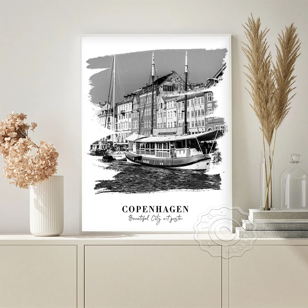 

Copenhagen City Landmark Photography Black White Poster Modern Art Prints Travel Canvas Painting Living Room Modern Home Decor