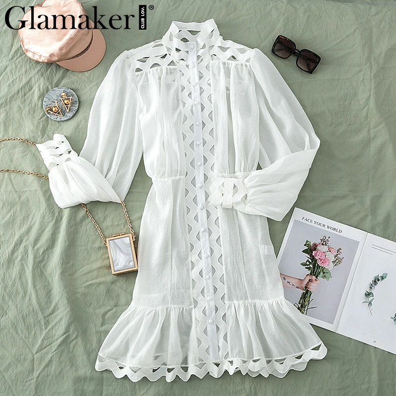 Glamaker сексуальное прозрачное короткое платье с рюшами для женщин длинным рукавом