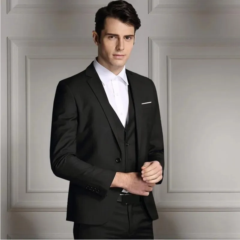 

New Arrival High Quality Black Notch Lapel Two Buttons 3 Pieces Set Business Casual Slim Fit Suits Groom Wedding Formal Wear