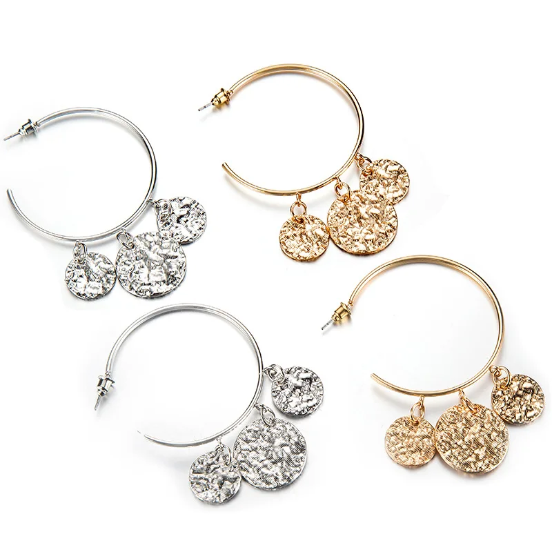 2019 New Fashion Bohemian Gold Silver Color Big Hoop Earrings With Round Sequins Charm Vintage C Shaped Earring | Украшения и