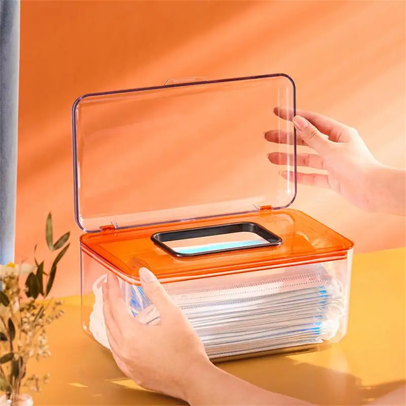 

Tissue Storage Box With Lid Transparent Mask Organizer With Spring Multifunctional Sundries Storage Container Home Organizers