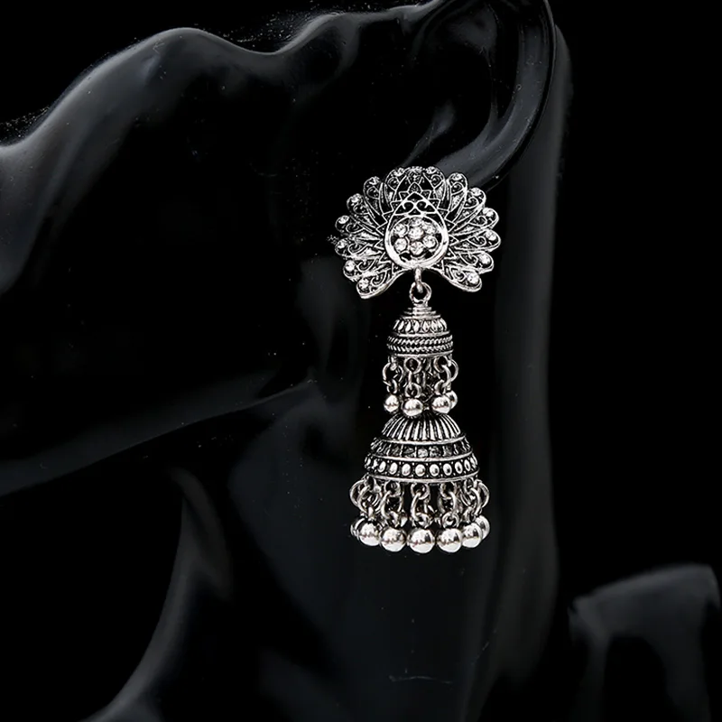 Модные серьги в индийском стиле для женщин окисленные Jhumka серебряный цвет