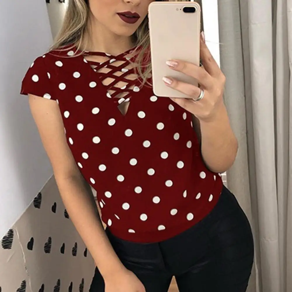 Топ женский шифоновый с V-образным вырезом модная пикантная туника в горошек