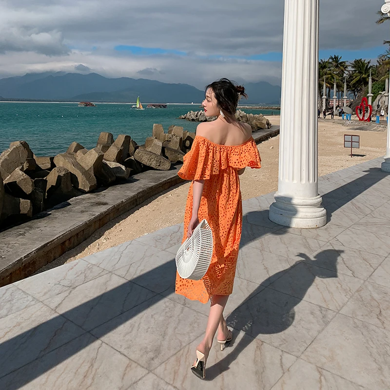 

2021 new beach skirt one neck off shoulder sexy off back holiday dress women's summer dress