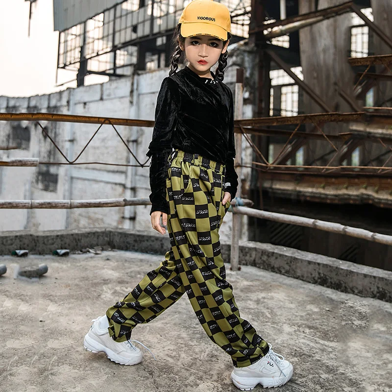 Детские костюмы в стиле хип-хоп Модный черный топ с длинными рукавами для девочек