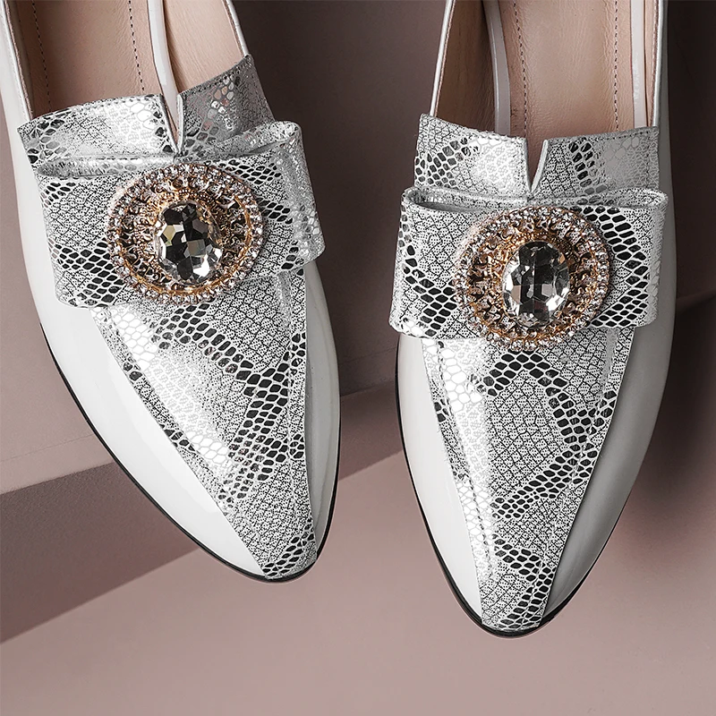 

ISNOM Snake Print Genuine Leather Pumps for Women Shoes Crystal Chunky Heels Shoes Woman Patent Leather Ladies Pumps Big Size