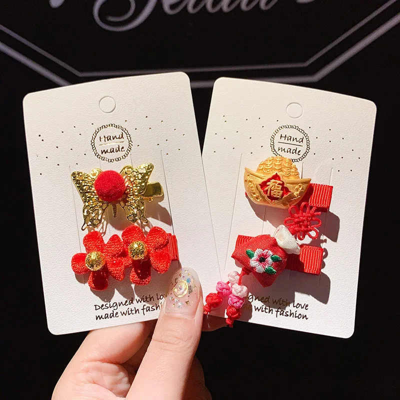 

2pc / Lot Chinese Style Hairpins Cute Red Bow Small Hairpin for Children New Year Baby Adorn Flower Side Clip Barrettes Headwear