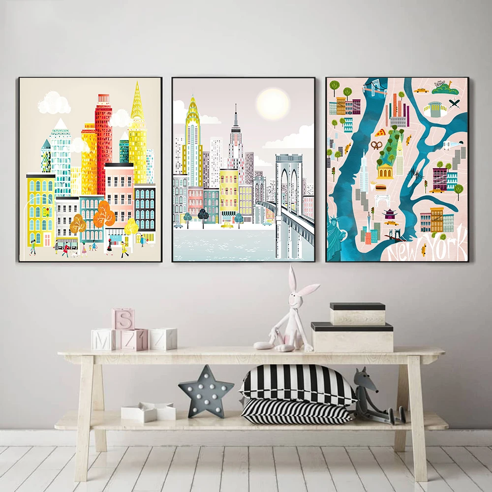 

New York City Map Poster Modern Watercolor Canvas Painting Art Print Landscape Anime Wall Picture For Living Room Home Decor