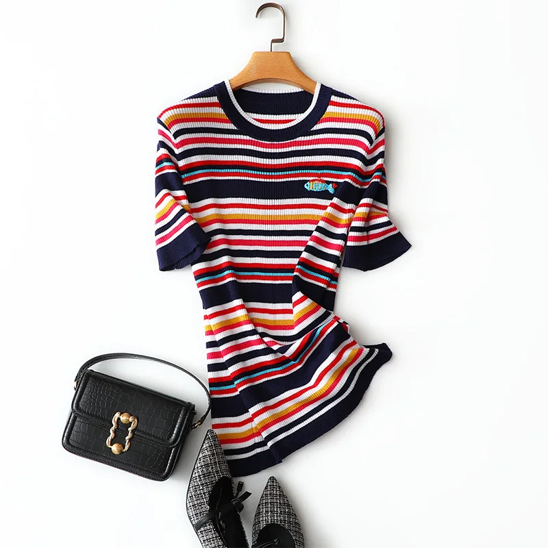 

100% свитер бренда tencel женские летние новые стильные пуловеры в радужную полоску с круглым вырезом и коротким рукавом