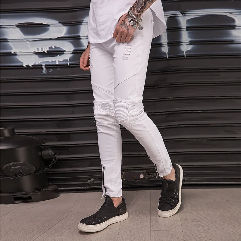 

2018 Men Jeans Europe And The United States Men's Jeans White Hole Locomotive Fold Of Cultivate Morality Pants