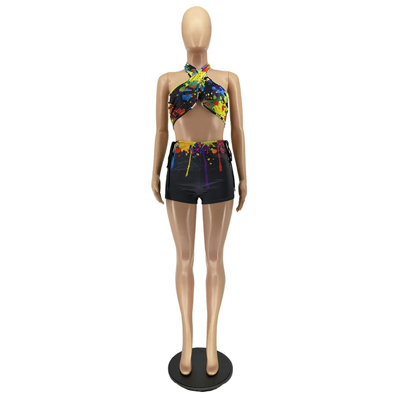 

Tie Dye Sexy Two Piece Set Backless Crop Top Bandage Shorts for Women Summer Vacation Outfits Night Club Matching Sets