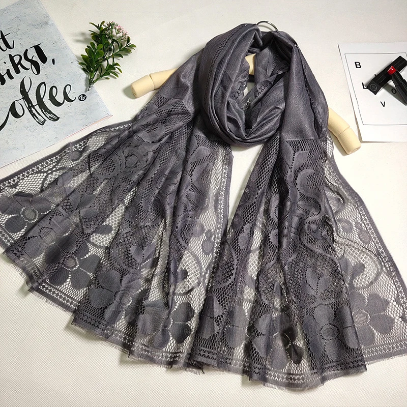 Женский Тонкий шелковый шарф длинный однотонный кружевной с кисточками и