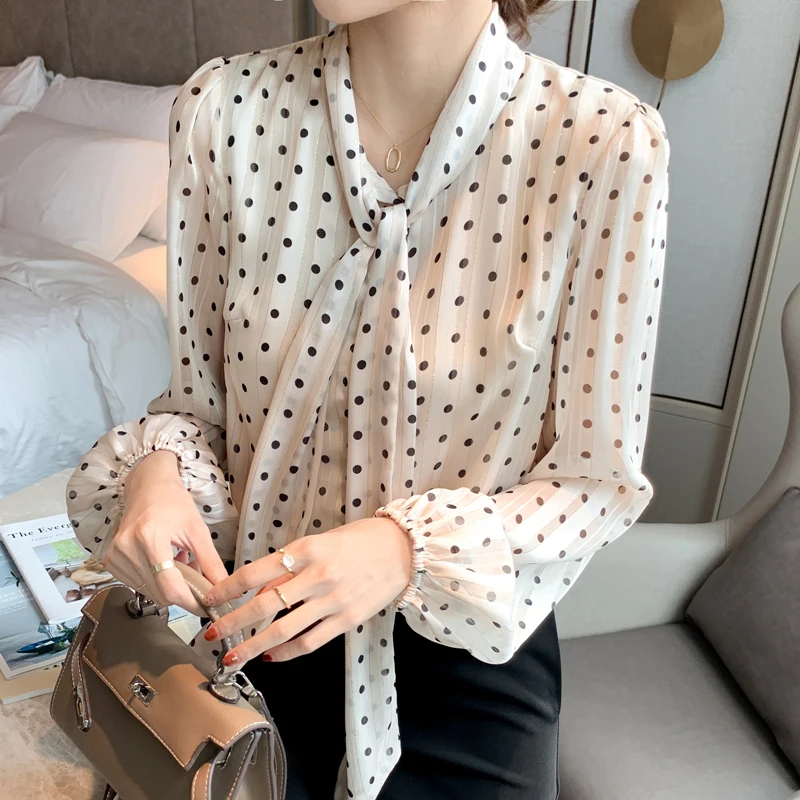 

Новинка весна-осень 2021, женская рубашка в горошек, базовая шифоновая рубашка с длинным рукавом и бантом из ленты