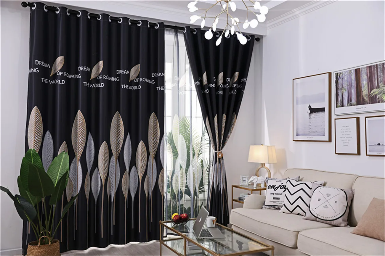 Denisroom затемненные шторы для гостиной тюль на окна узор в виде листьев стиль