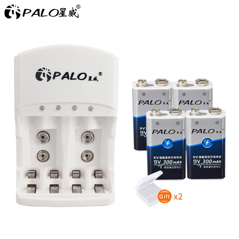 4pcs and charger PALO 2 шт 300mAh Ni-MH 9V аккумуляторная батарея+ универсальное 9V AAA AA зарядное устройство для 1,2 V Ni-MH Ni-CD AA AAA 9V батареи - Цвет: 4pcs and charger