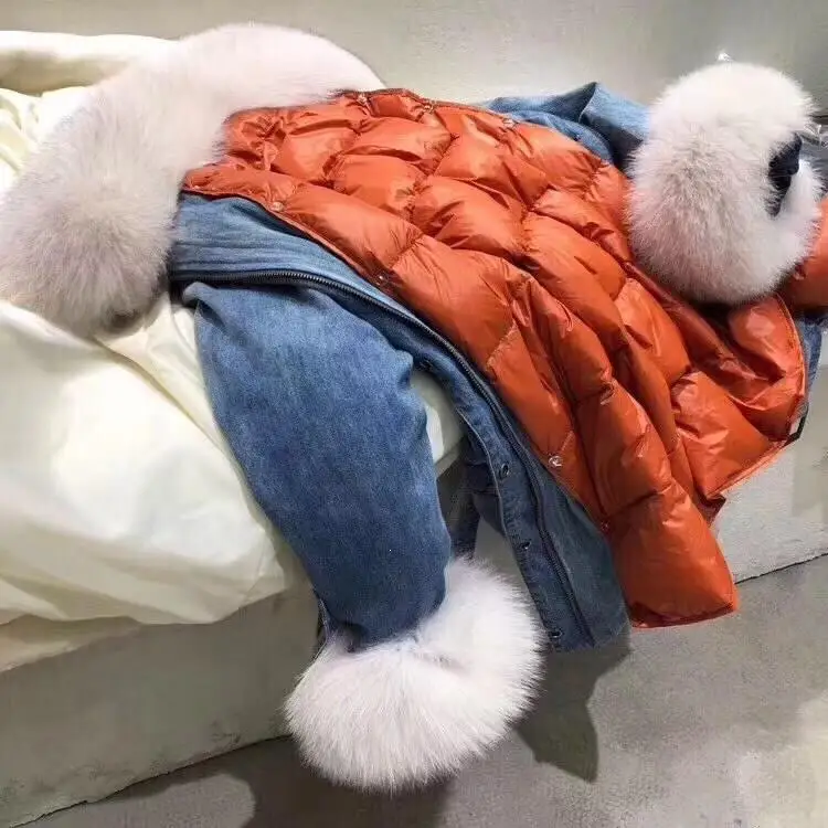 Winter Fox Fur Collar Denim Jacket Women Thick Coat Jean Loose Duck Down 2 Piece Set | Женская одежда