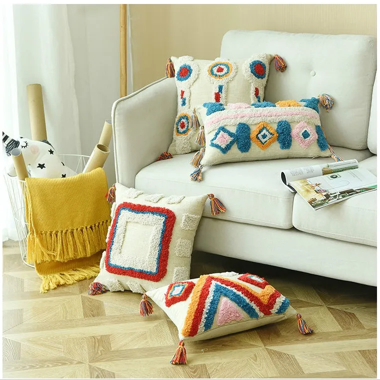 Покрытие для подушки с геометрической вышивкой из золотистого льна, марокканская наволочка с кисточками, прямоугольная подушка размером 45x45 см/30x50 см.