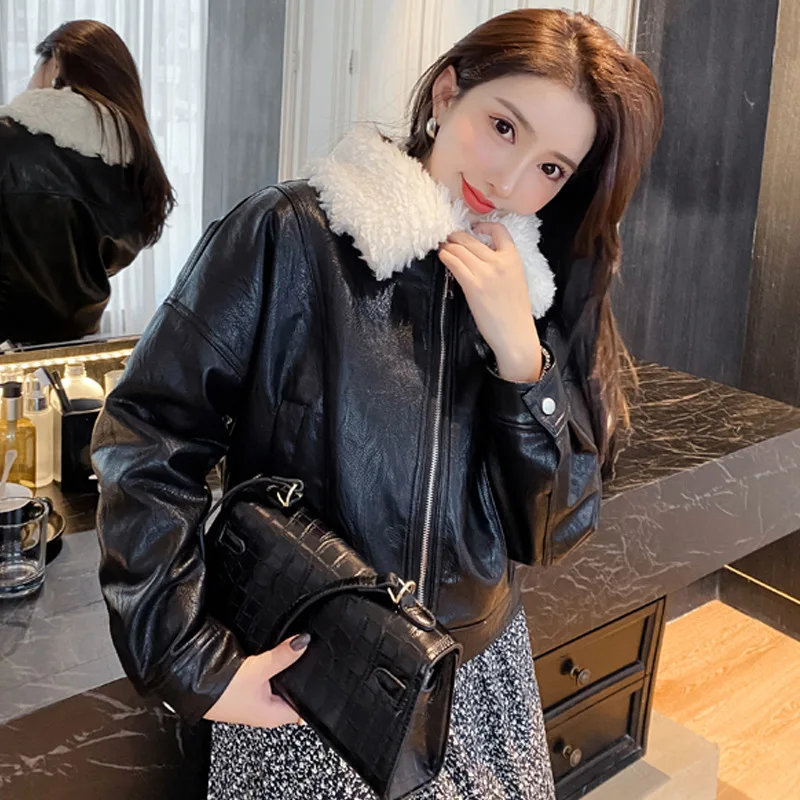 Womens Autumn Winter Parka PU Leather Motorcycle Jacket Thickened Large Fur Collar Korean Style Loose Coat Warm Fashion Cool Top enlarge