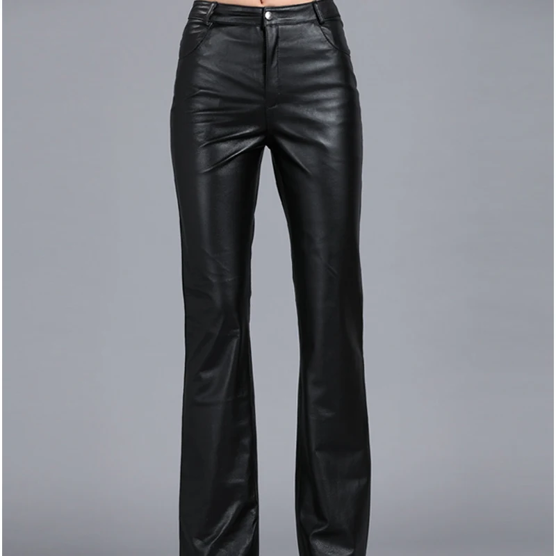 

Genuine Leather Pants Autumn Sheepskin Pants Mid Waist Casual Pants 2020 Womens Soft Leather Pants Women Flare Trousers