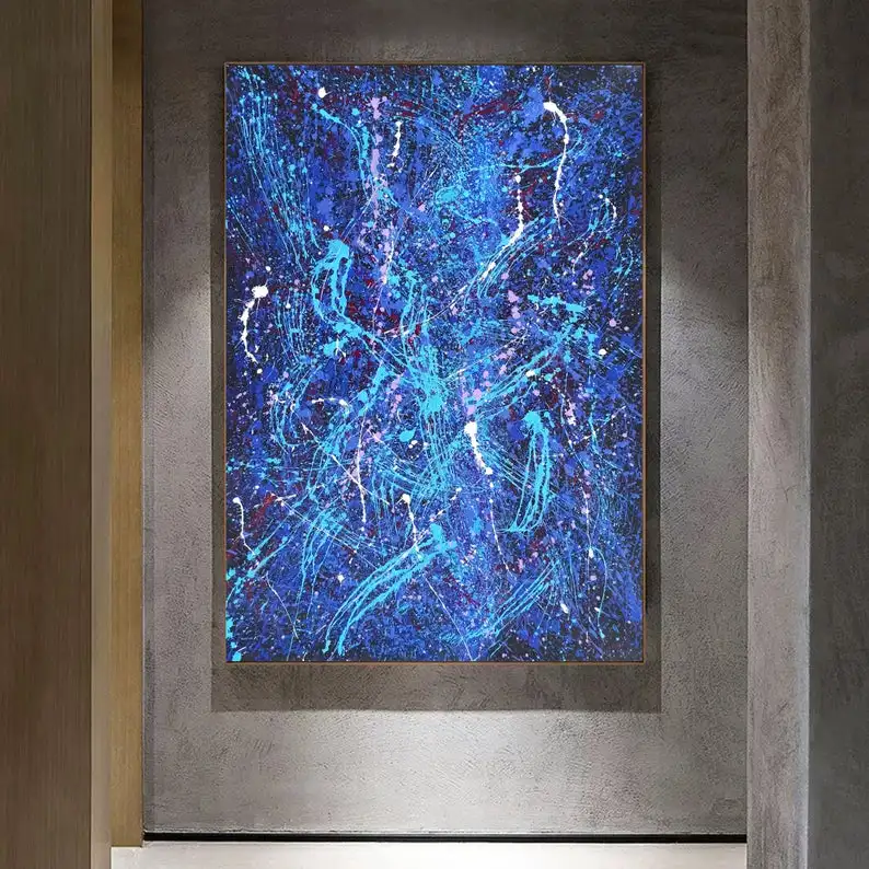 

Original Abstract Painting, Large Interior Art, Blue Black Oil Painting,Blue Pollock Style Acrylic Texturedabstract oil painting