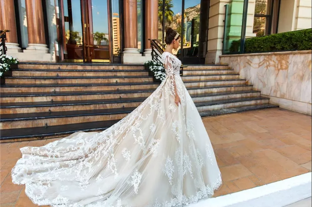 Сексуальное свадебное платье с длинным рукавом принцесса 2019 пуговицами сзади со