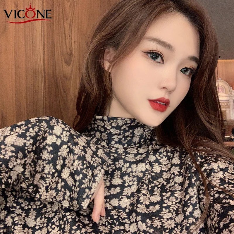 VICONE размера плюс водолазка Элегантные новые рубашки с принтом женские весенние