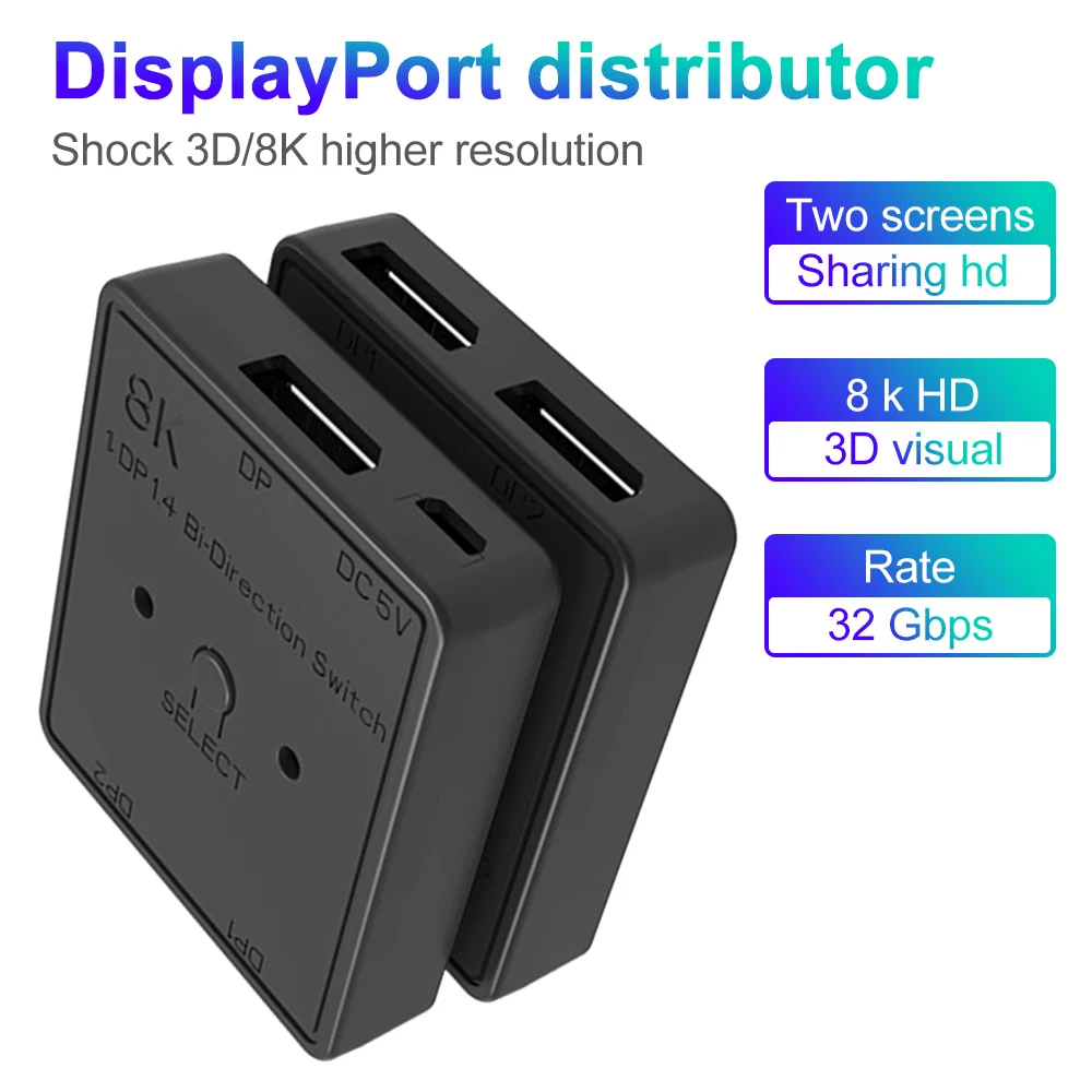 

DisplayPort 1,4 двунаправленный переключатель сплиттер 1X2 или 2x1 DP 1,4 KVM 8K @ 30 Гц 4 K @ 120 Гц для нескольких источников и отображает переключатель