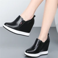 11cm high heel platform oxfords shoes women genuine leather wedges ankle boots female round toe fashion sneakers casual shoes
