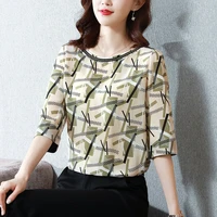 summer womens shirt silk printing blouses for women short sleeve tops female design and color o neck blouse female basic shirts