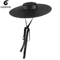 gemvie 4 color wide brim flat top straw hat summer hats for women ribbon beach cap boater fashionable sun hat with chin strap