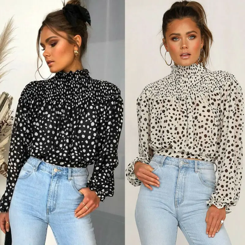 

2020 Fashion New Arrival Women Top Casual Turtleneck Sexy Waistband binding Long Sleeve T-shirt Autumn Chiffon Polka Dots Shirt