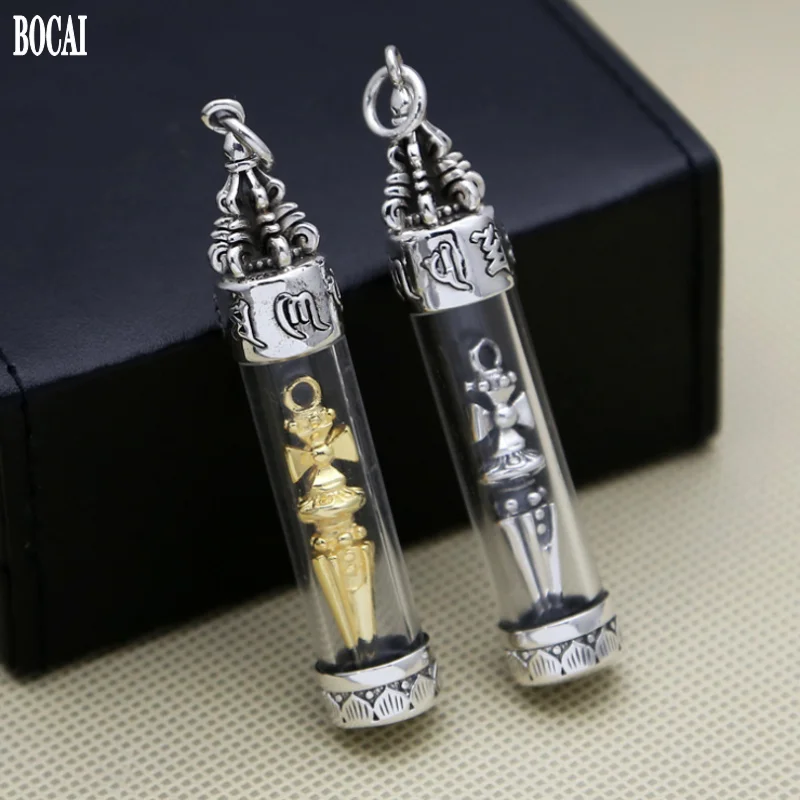 

New 100% real S925 pure Silver Jewelry Thai Silver Creativity Cross King Kong Pestle Leng Yan Mantra Transparent Long Pendant