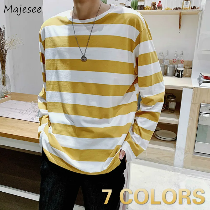 

Men Long Sleeve T-shirts Autumn Striped Loose 2XL O-neck Simple Chic Fashion High Quality Korean Style Mens Tshirt Ins Couples