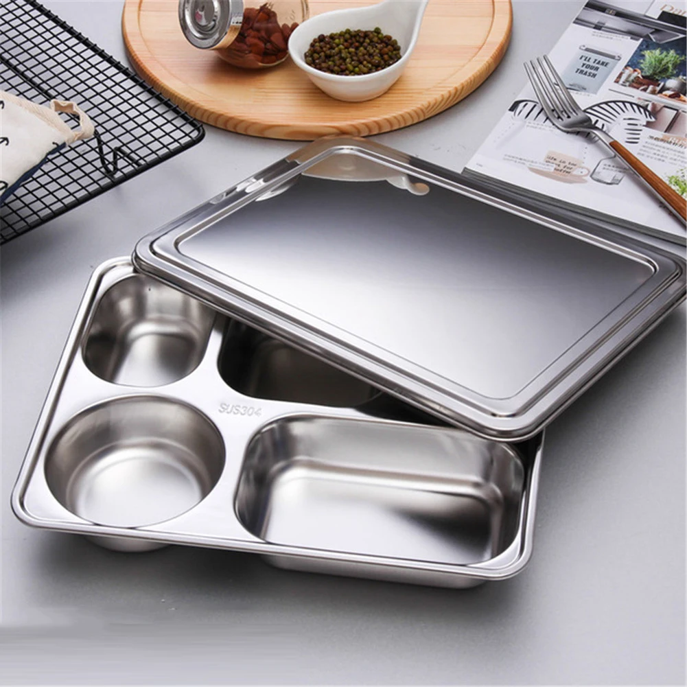 

Dinner Plate Lunch Box Stainless Steel Divided Dinner Tray Lunch Container Food Plate for School Canteen Grid Lunch Box with Lid