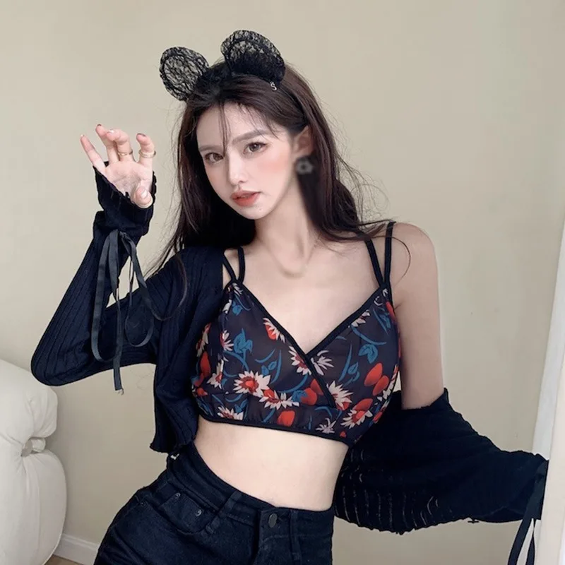 

Women Floral Vest Sling Slim-fitting Double-strap Cross Bottoming Top