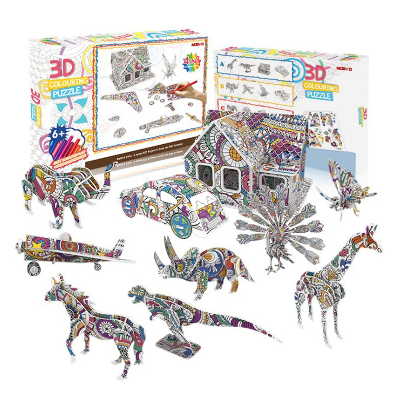 

2 In 1 Art Project 3D Coloring Puzzle Set With Marker Unique Color Pattern Art Painting Model Kids Craft Ornament Gift Decor Toy