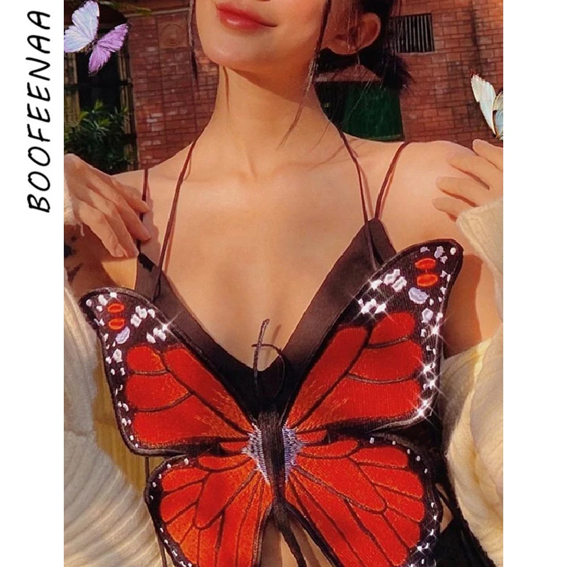 

Кроп-топы BOOFEENAA с вышивкой в виде бабочек, летняя эстетичная одежда Y2k, Милая Сексуальная майка на бретелях, праздничная одежда для праздника...