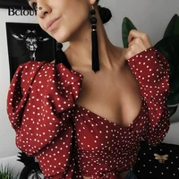 sexy crop top backless polka dot shirts women 2020 lace up red v neck puff sleeve woven womens blouse autumn summer streetwear