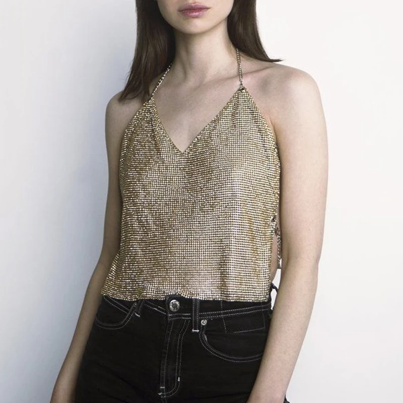 

Bling Crystal Diamonds Tank Tops Rhinestone Halter Backless Sleeveless Loose Crop Tops Sexy Ladies Party Club Tops 3 Colors 2020