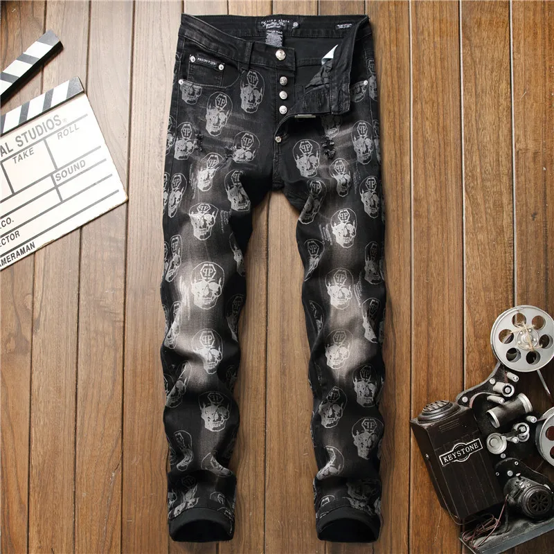 

Fashion Printed Men's Jeans Black Stretch Washed Button Cardigan Men's Straight Jeans 2020 Fall/Winter New European Style
