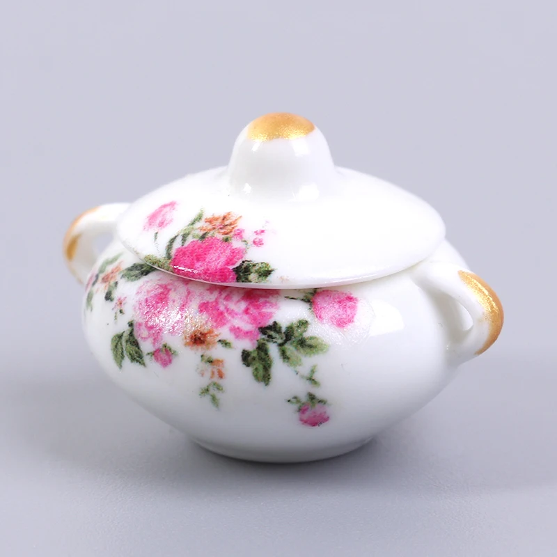 

3pcs Doll House Kitchen Miniature Casserole Pot Bowl Lid with Floral Pattern