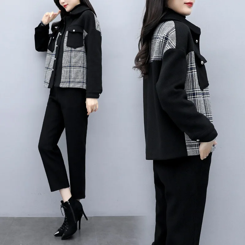 Женское шерстяное пальто из двух предметов клетчатая куртка с отстрочкой