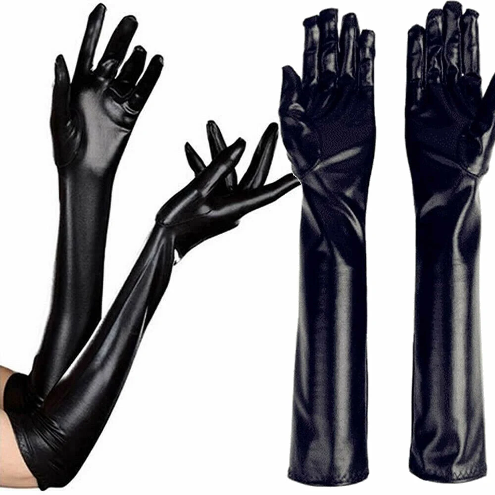 

Women Sexy PU Leather Skinny Long Glove Punk Rock Hip Hop Jazz Disco Dance Gloves Shiny Mens Metallic Mittens Cosplay Accessory