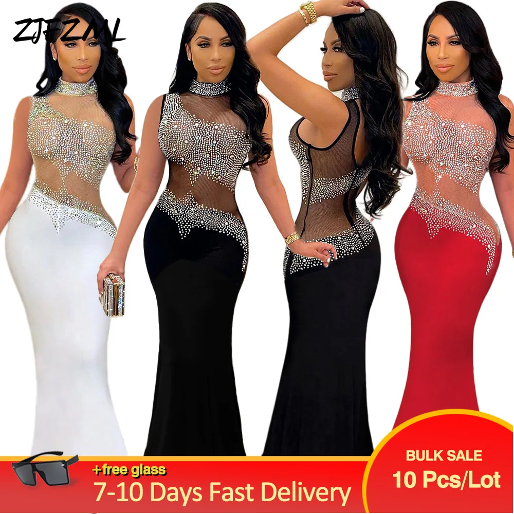 

Wholesale Bulk Items Lots Elegant Classy Women's Bodycon Maxi Mermaid Dress Sexy Mesh Rhinestones See Through Club Party Dresses