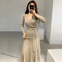 2021 korean autumn winter women v neck sweater dress elegant solid color knitted lace up bow bodycon slit long dresses