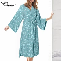 women casual lounge midi dress celmia long sleeve robes loose polka dot printed homewear plus size bandage oversized sleep robe