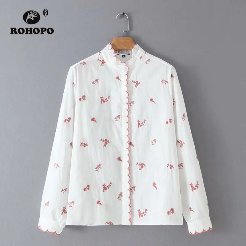 ROHOPO Overlocked Round Collar &amp Cuff Elbroidery Floral White Blouse Long Sleeve Ladies Retro Top Shirt #1331 |