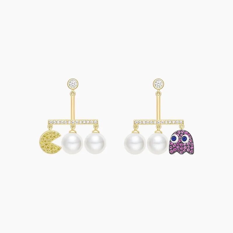 Fancy Cute Design pac-man maze double pearl earrings luxury brand 925 sterling silver cute ghost pacman pac man jewelry | Украшения и