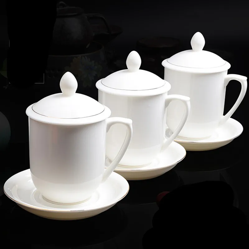 

Suet Jade Porcelain Office Cup Retro New Chinese Style Ceramic Water Cup Business Tea Cup with Cover Household Conference Cup